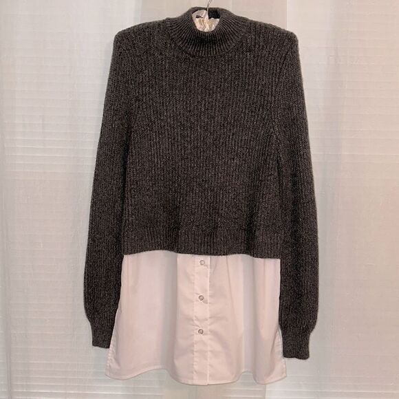 Halston M Charcoal Gray White Cotton Shirt Combo Knit Mock Neck Sweater - Picture 1 of 14